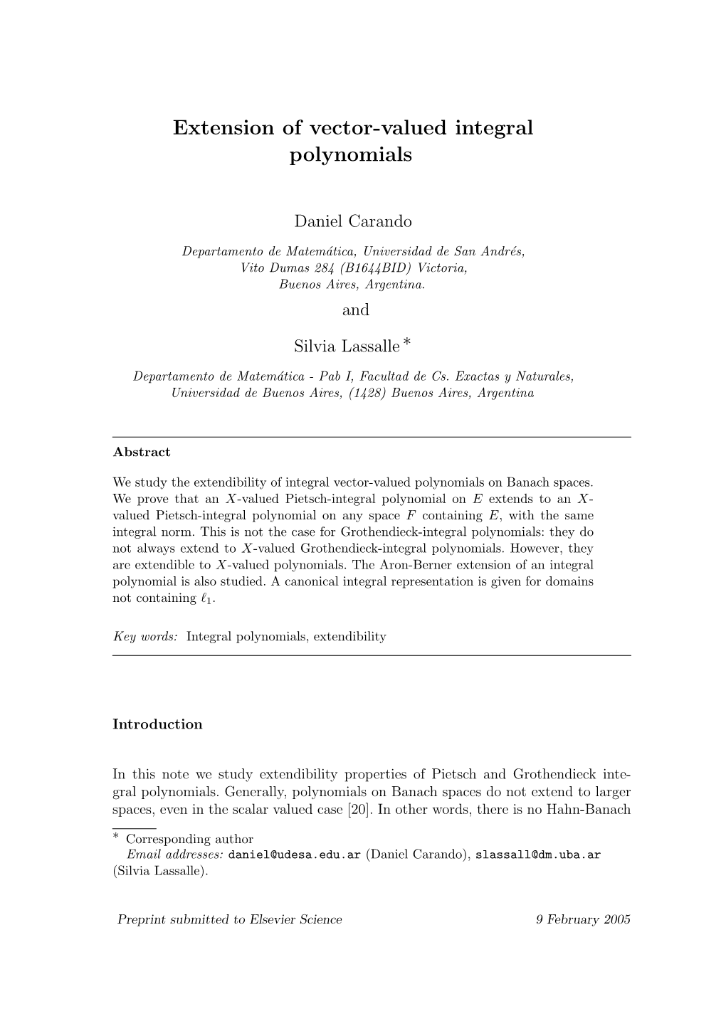 Extension of Vector-Valued Integral Polynomials