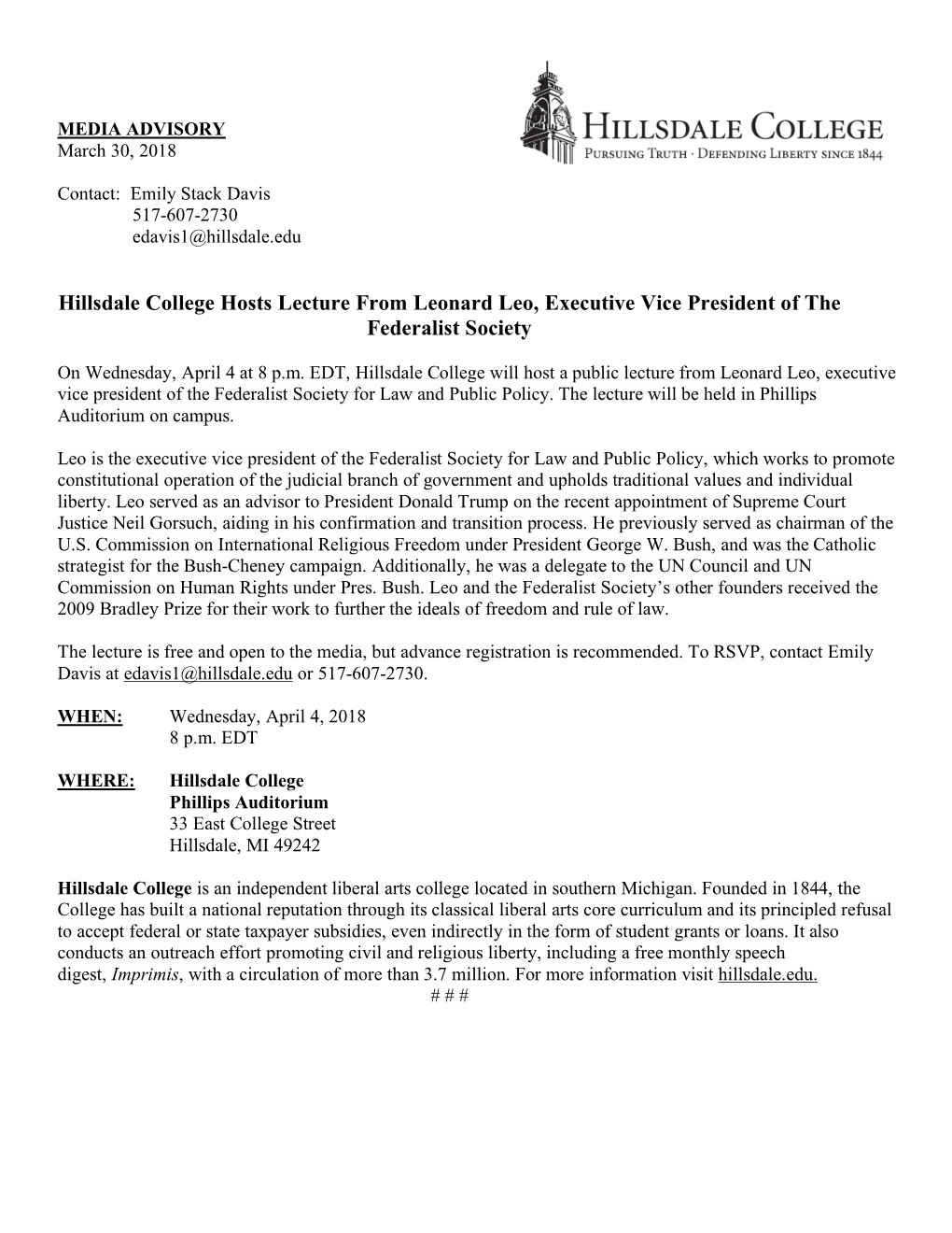 Hillsdale College Hosts Lecture from Leonard Leo, Executive Vice President of the Federalist Society