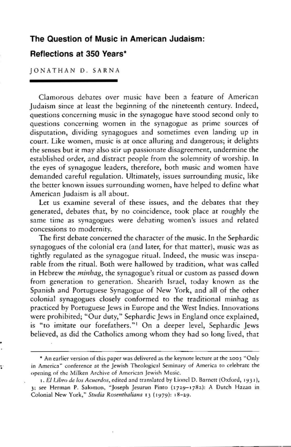 The Question of Music in American Judaism: Reflections at 350 Years*