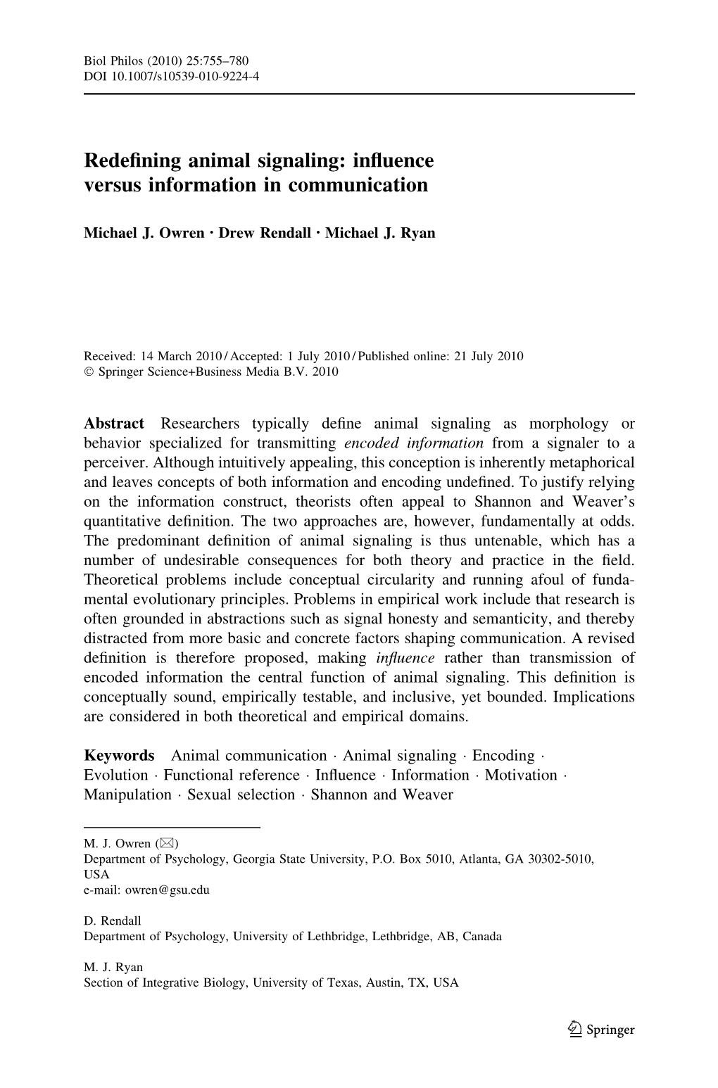 Redefining Animal Signaling: Influence Versus Information in Communication