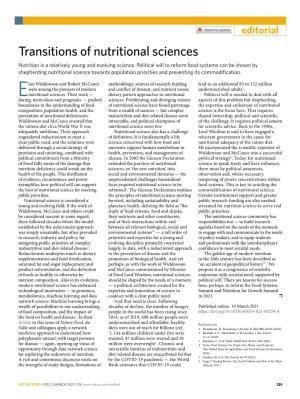 Transitions of Nutritional Sciences Nutrition Is a Relatively Young and Evolving Science
