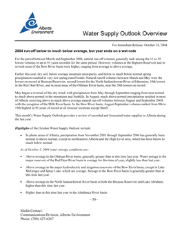Water Supply Outlook Overview