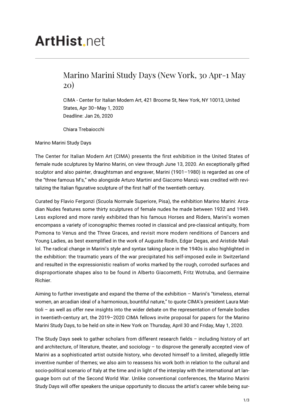 Marino Marini Study Days (New York, 30 Apr-1 May 20)