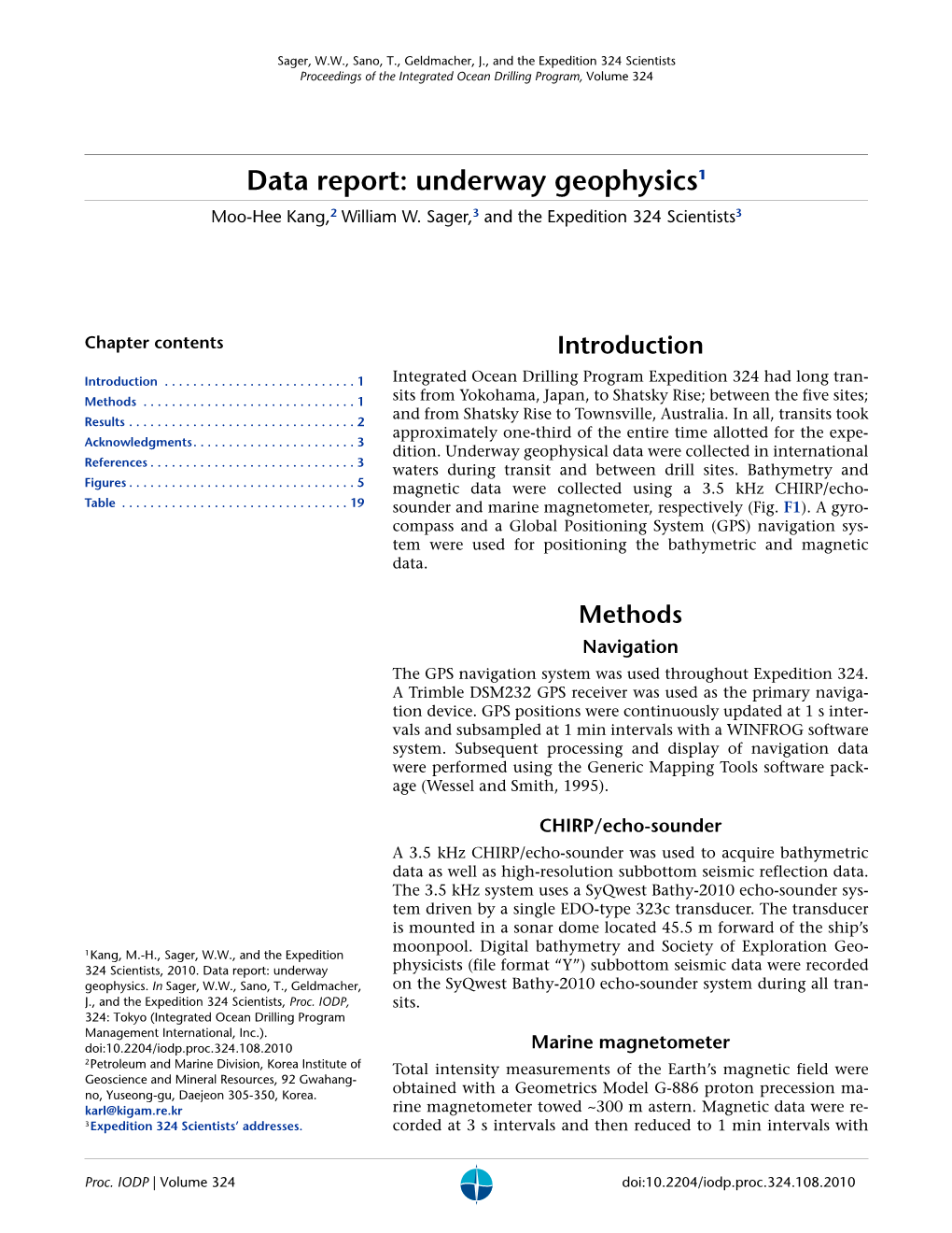 Data Report: Underway Geophysics1 Moo-Hee Kang,2 William W