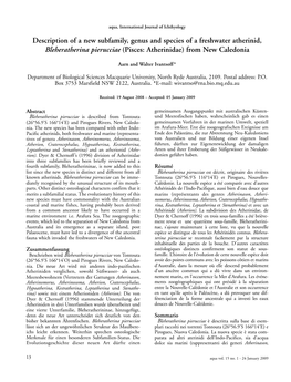 Description of a New Subfamily, Genus and Species of a Freshwater Atherinid, Bleheratherina Pierucciae (Pisces: Atherinidae) from New Caledonia