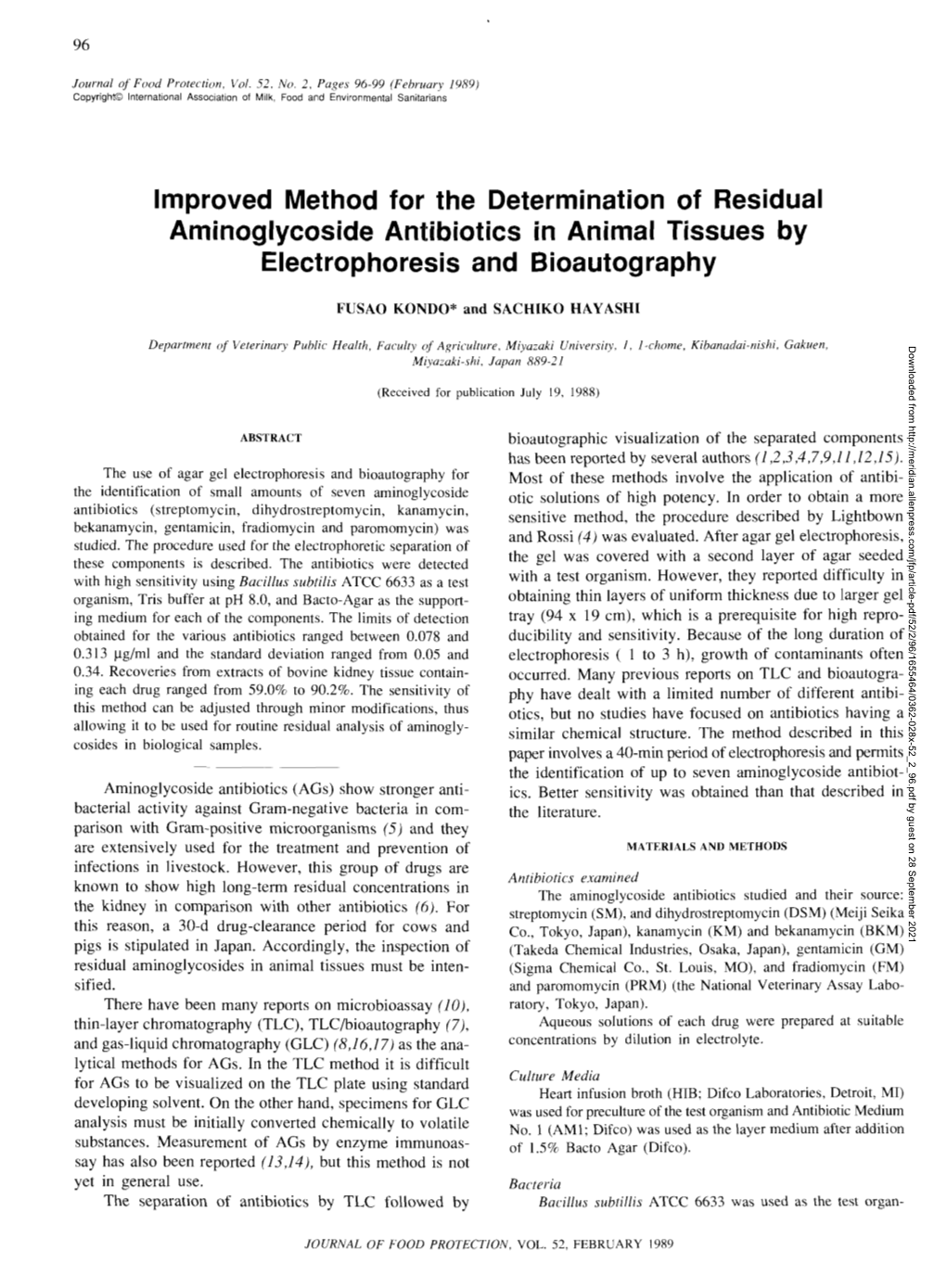 Improved Method for the Determination of Residual Aminoglycoside Antibiotics in Animal Tissues by Electrophoresis and Bioautography