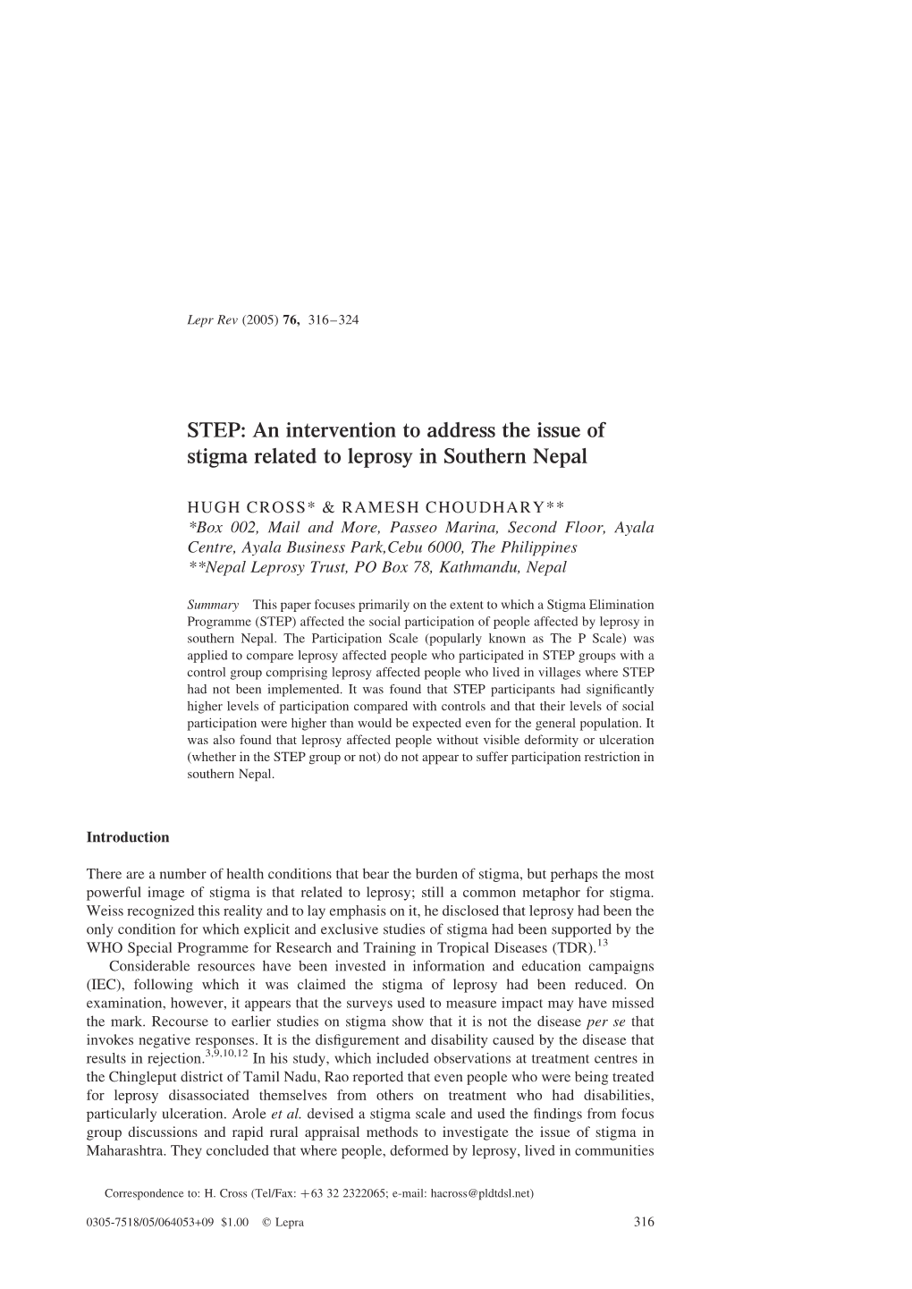 STEP: an Intervention to Address the Issue of Stigma Related to Leprosy in Southern Nepal