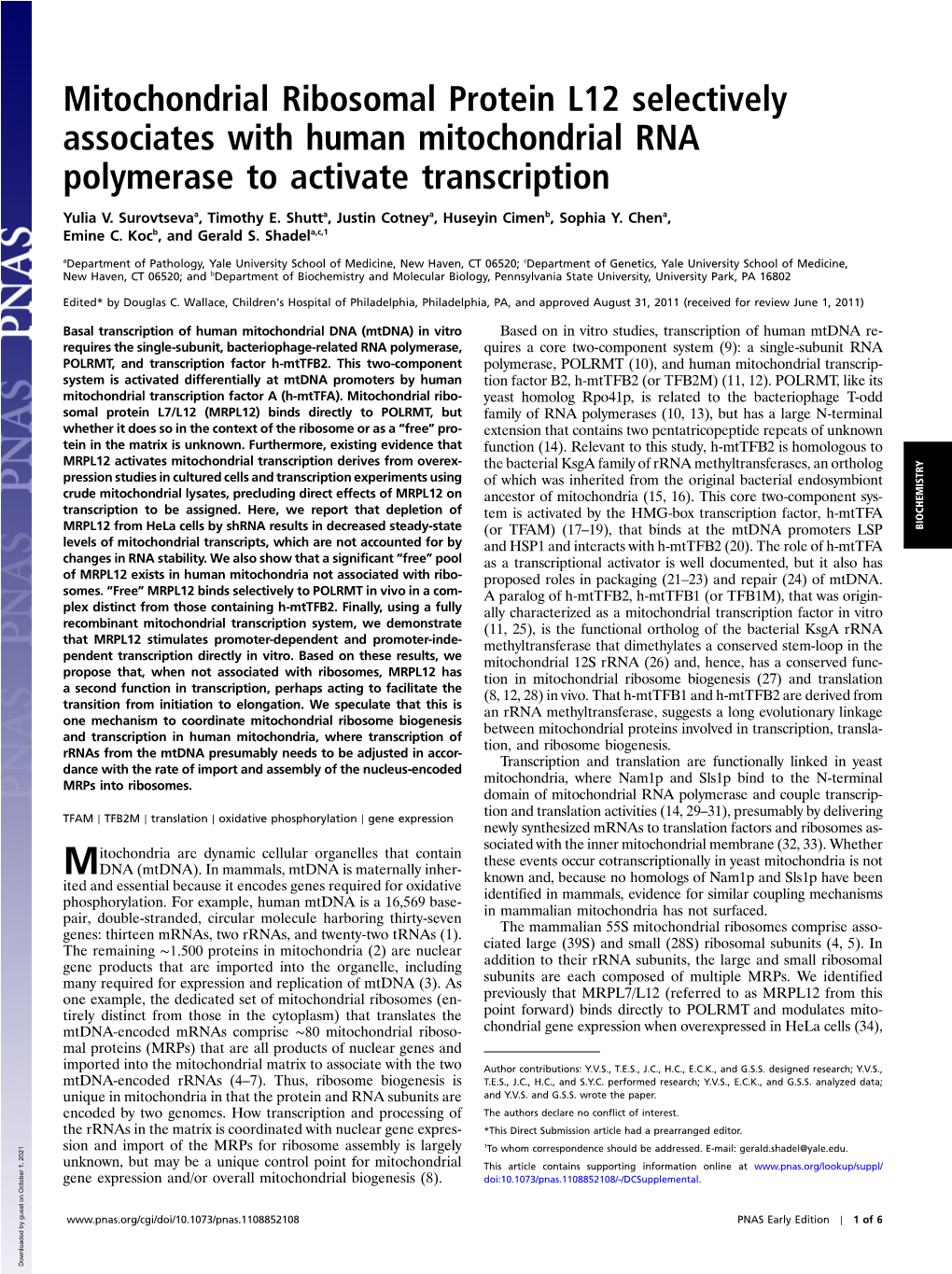 Mitochondrial Ribosomal Protein L12 Selectively Associates with Human Mitochondrial RNA Polymerase to Activate Transcription