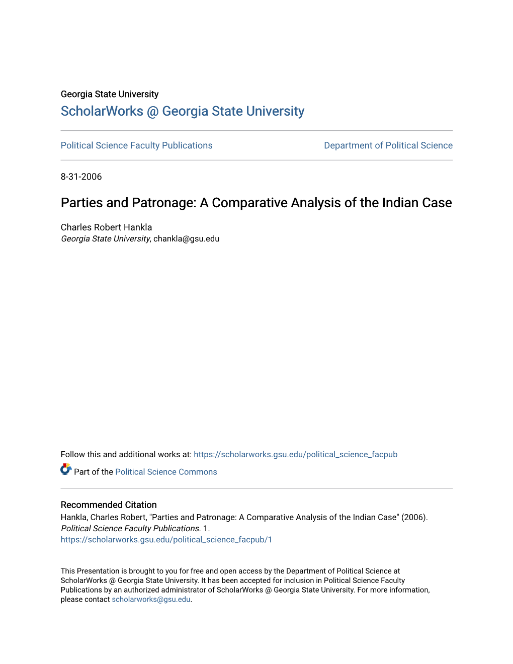 Parties and Patronage: a Comparative Analysis of the Indian Case