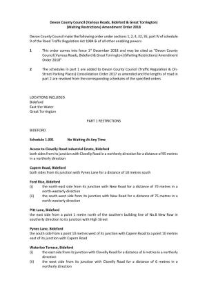 Devon County Council (Various Roads, Bideford & Great Torrington) (Waiting Restrictions) Amendment Order 2018