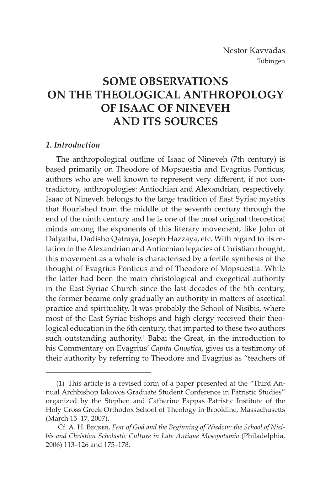 Some Observations on the Theological Anthropology of Isaac of Nineveh and Its Sources