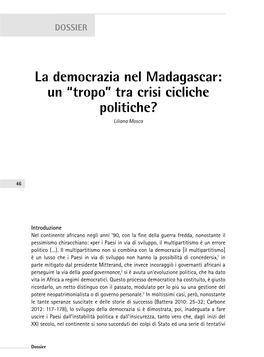 La Democrazia Nel Madagascar: Un “Tropo” Tra Crisi Cicliche Politiche? Liliana Mosca
