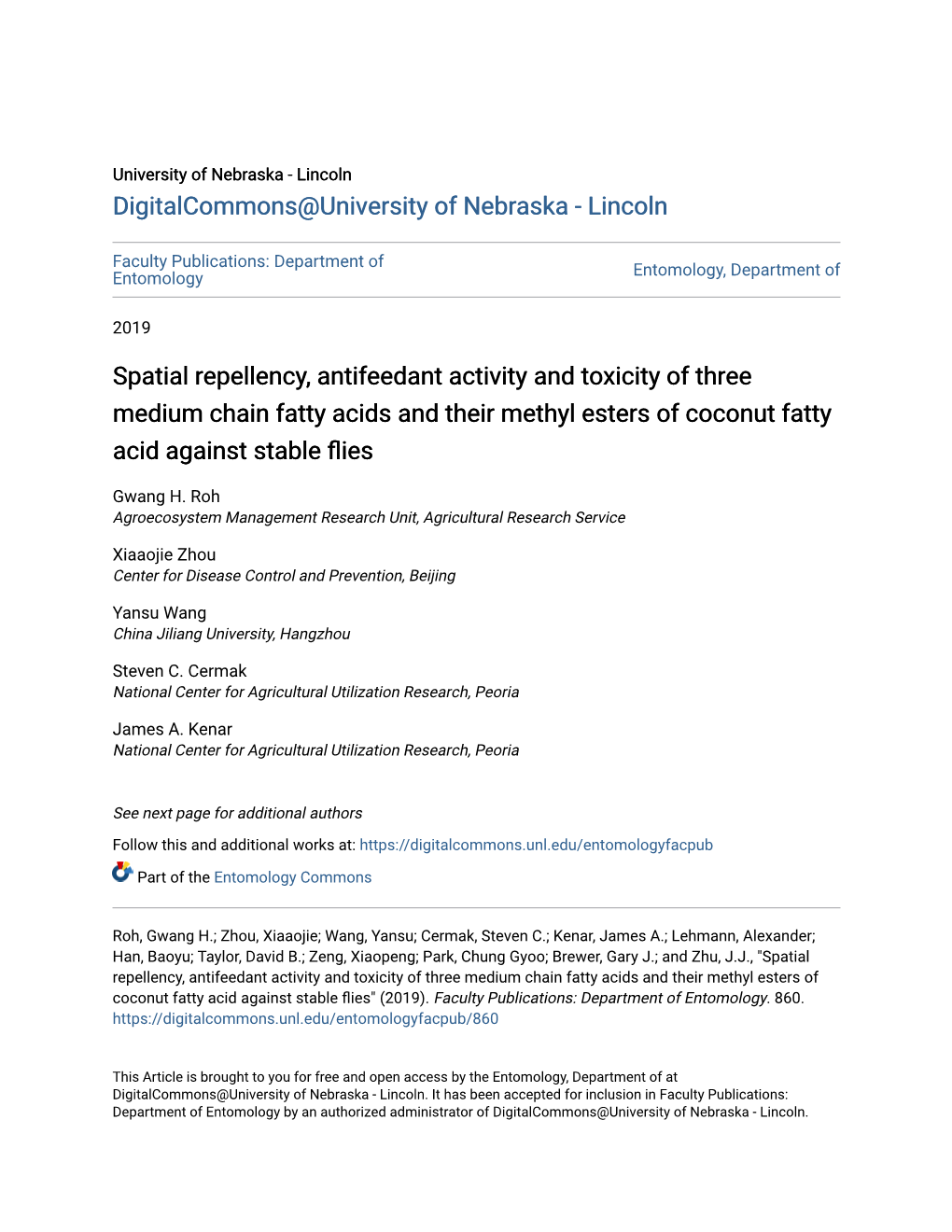 Spatial Repellency, Antifeedant Activity and Toxicity of Three Medium Chain Fatty Acids and Their Methyl Esters of Coconut Fatty Acid Against Stable Flies