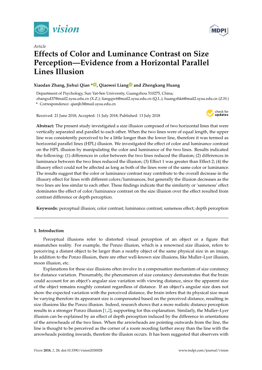 Effects of Color and Luminance Contrast on Size Perception—Evidence from a Horizontal Parallel Lines Illusion