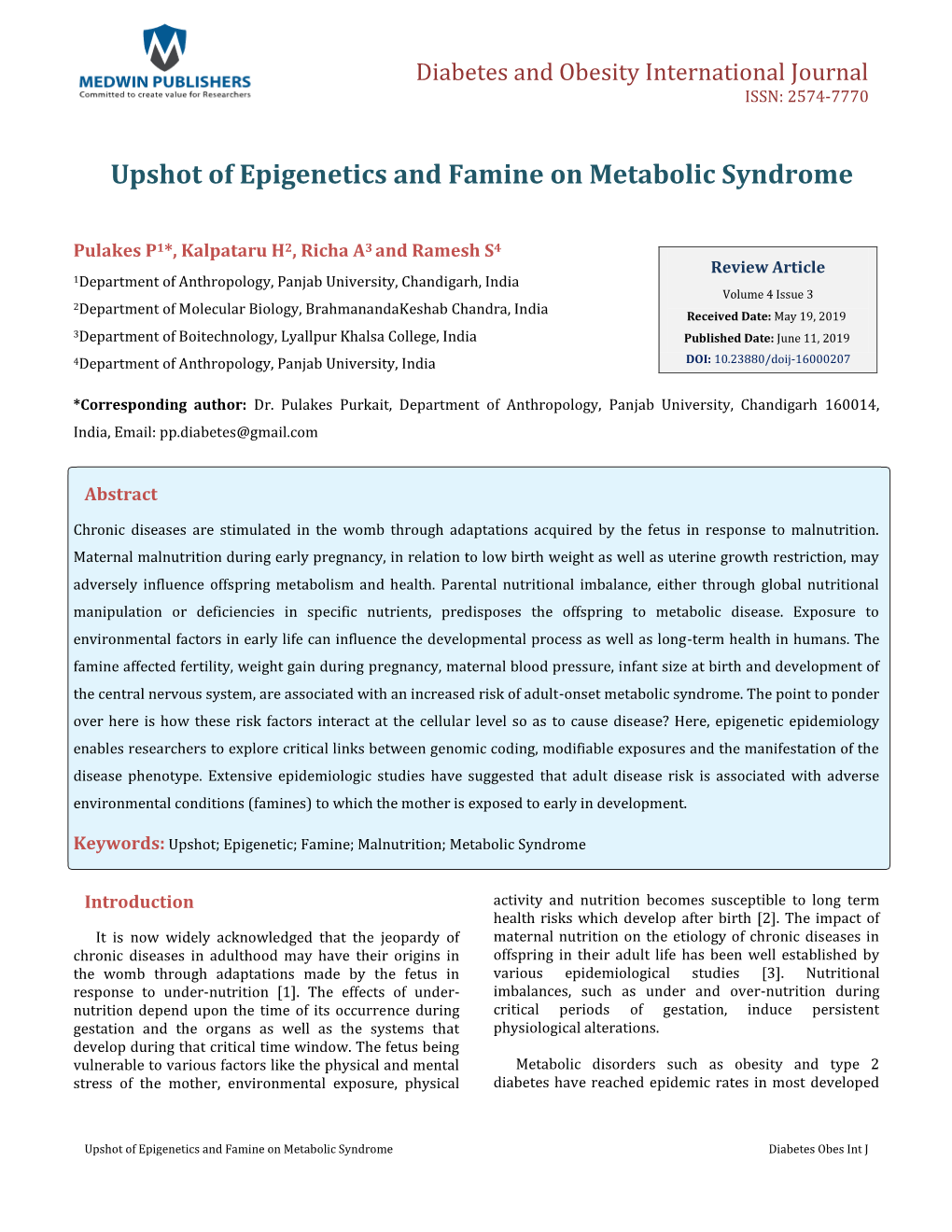 Pulakes P, Et Al. Upshot of Epigenetics and Famine on Metabolic Syndrome