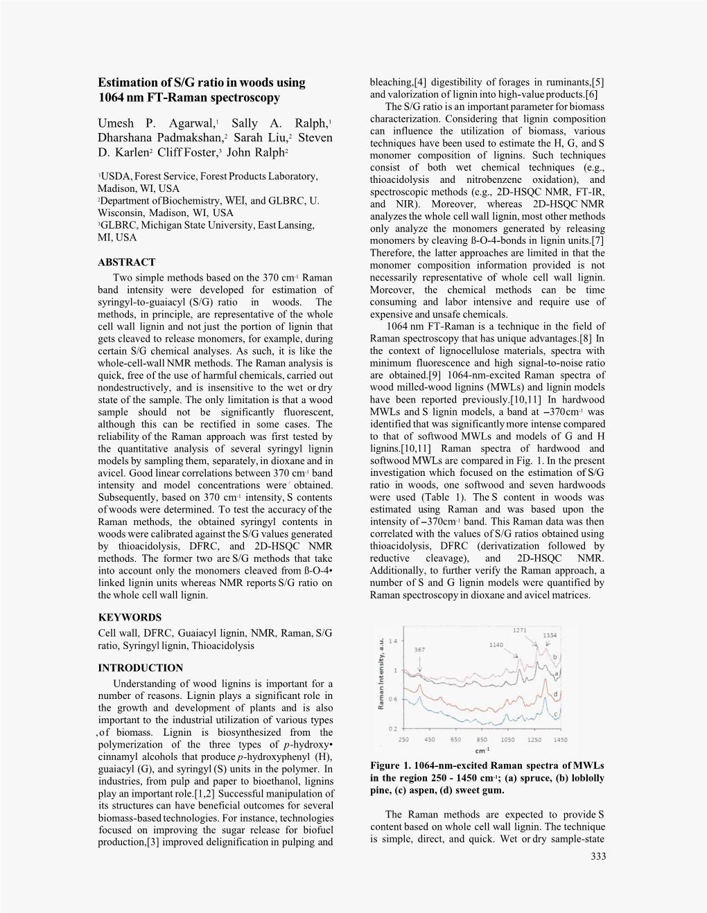 Estimation of S/G Ratio in Woods Using 1064 Nm FT-Raman Spectroscopy