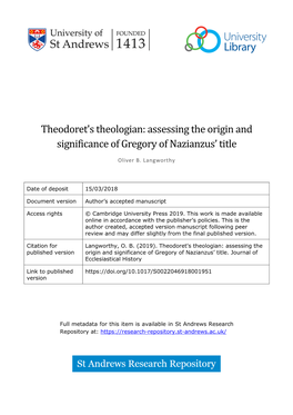 Theodoret's Theologian: Assessing the Origin and Significance of Gregory