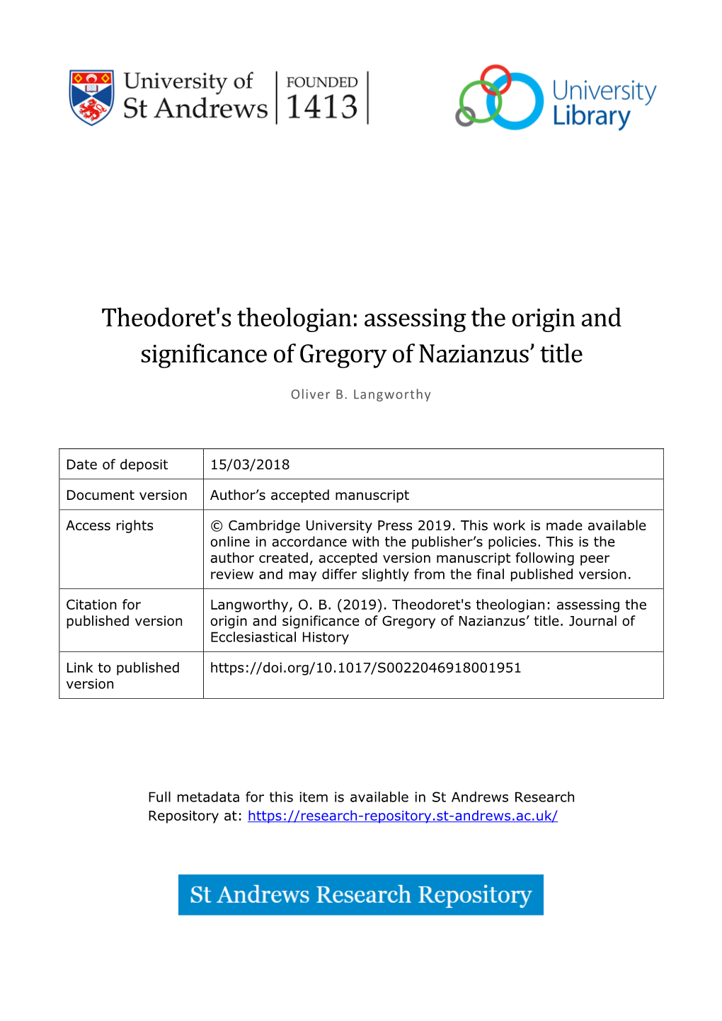 Theodoret's Theologian: Assessing the Origin and Significance of Gregory