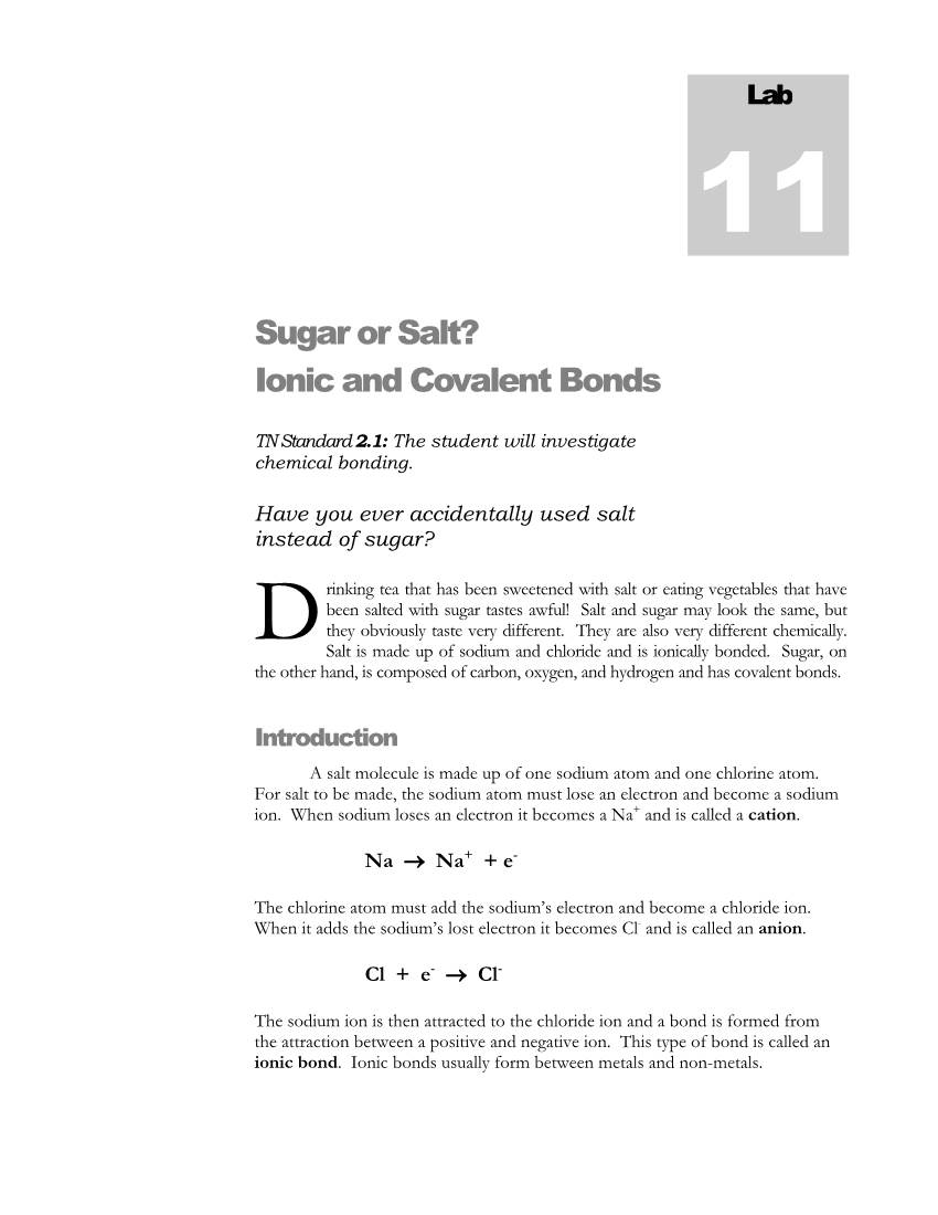 Sugar Or Salt? Ionic and Covalent Bonds
