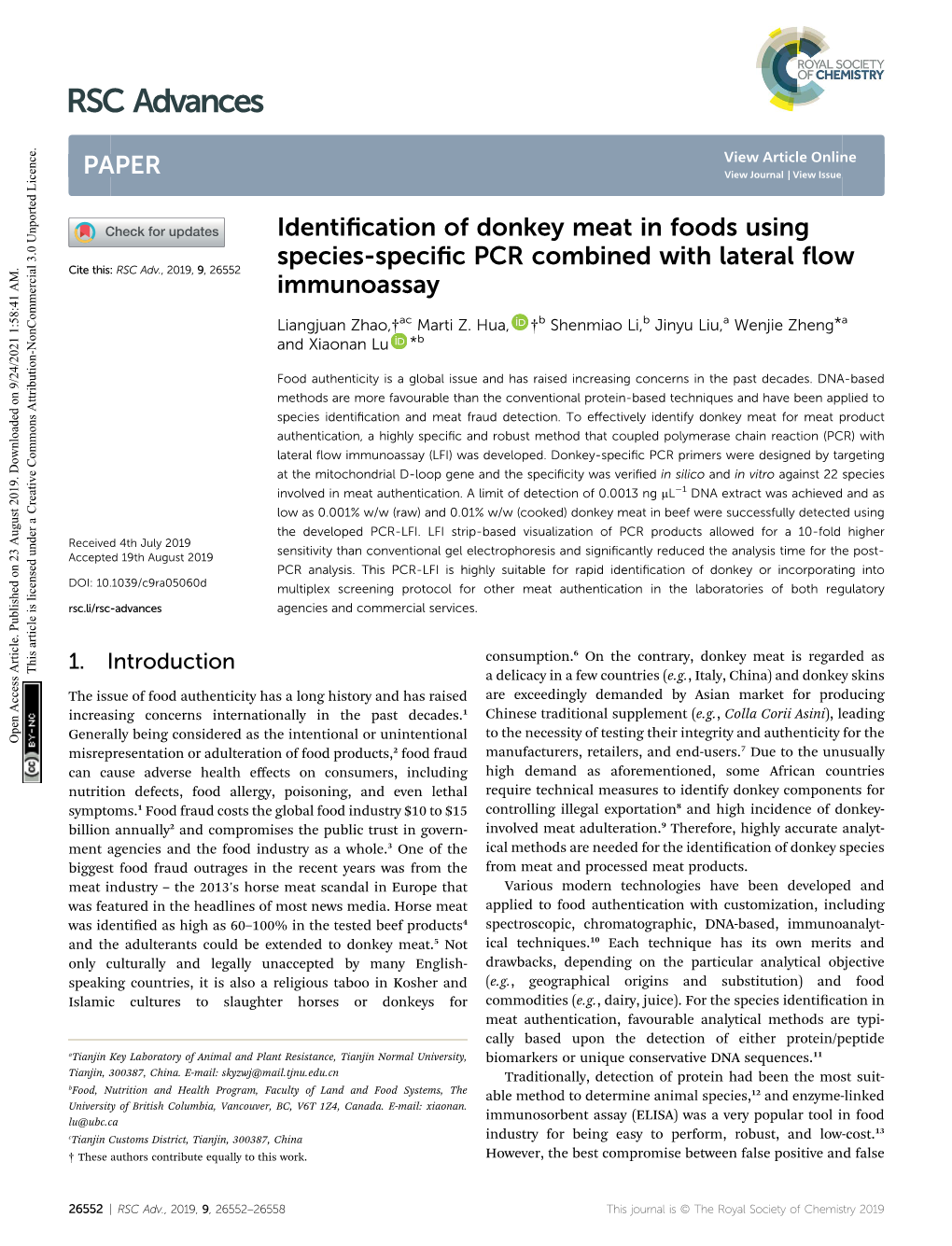Identification of Donkey Meat in Foods Using Species-Specific PCR