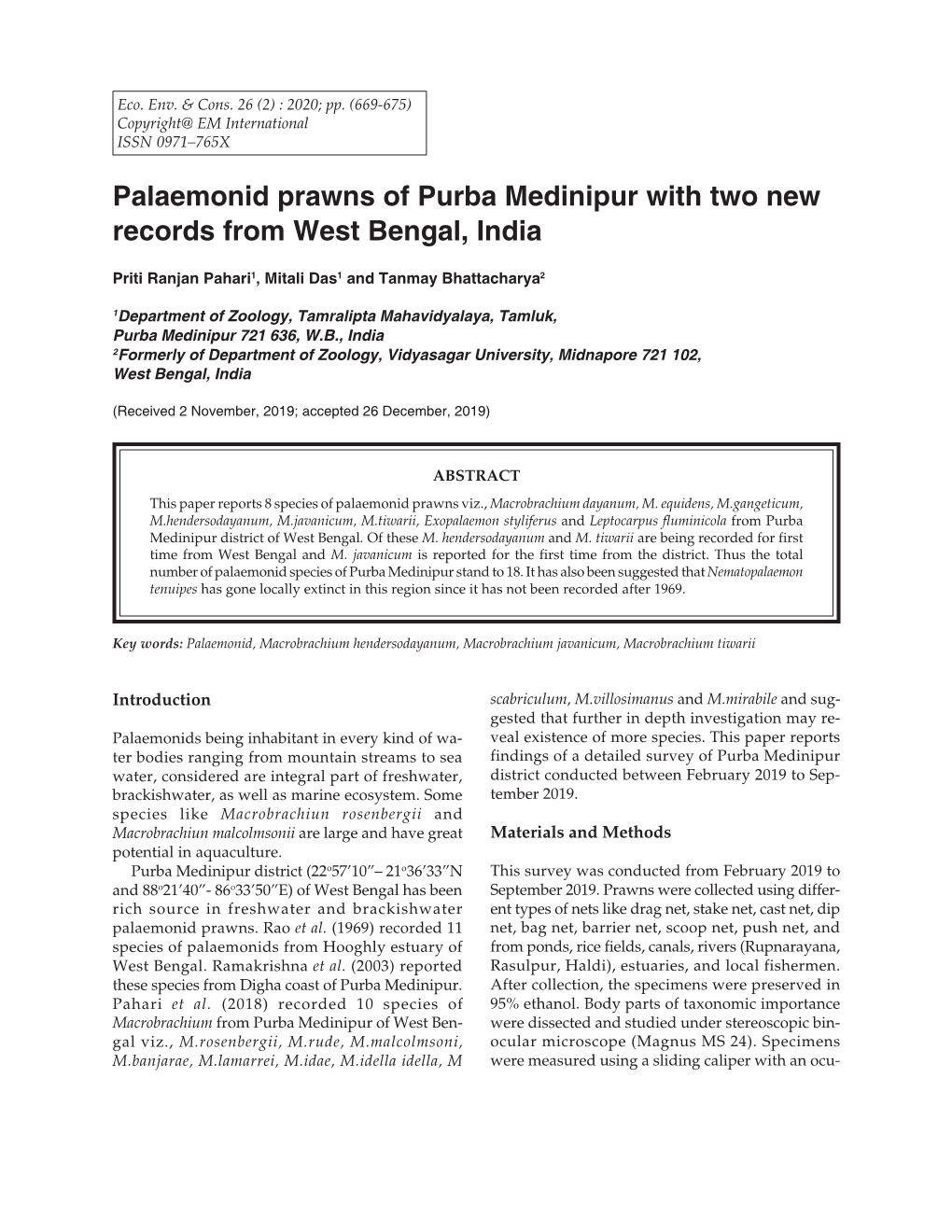 Palaemonid Prawns of Purba Medinipur with Two New Records from West Bengal, India