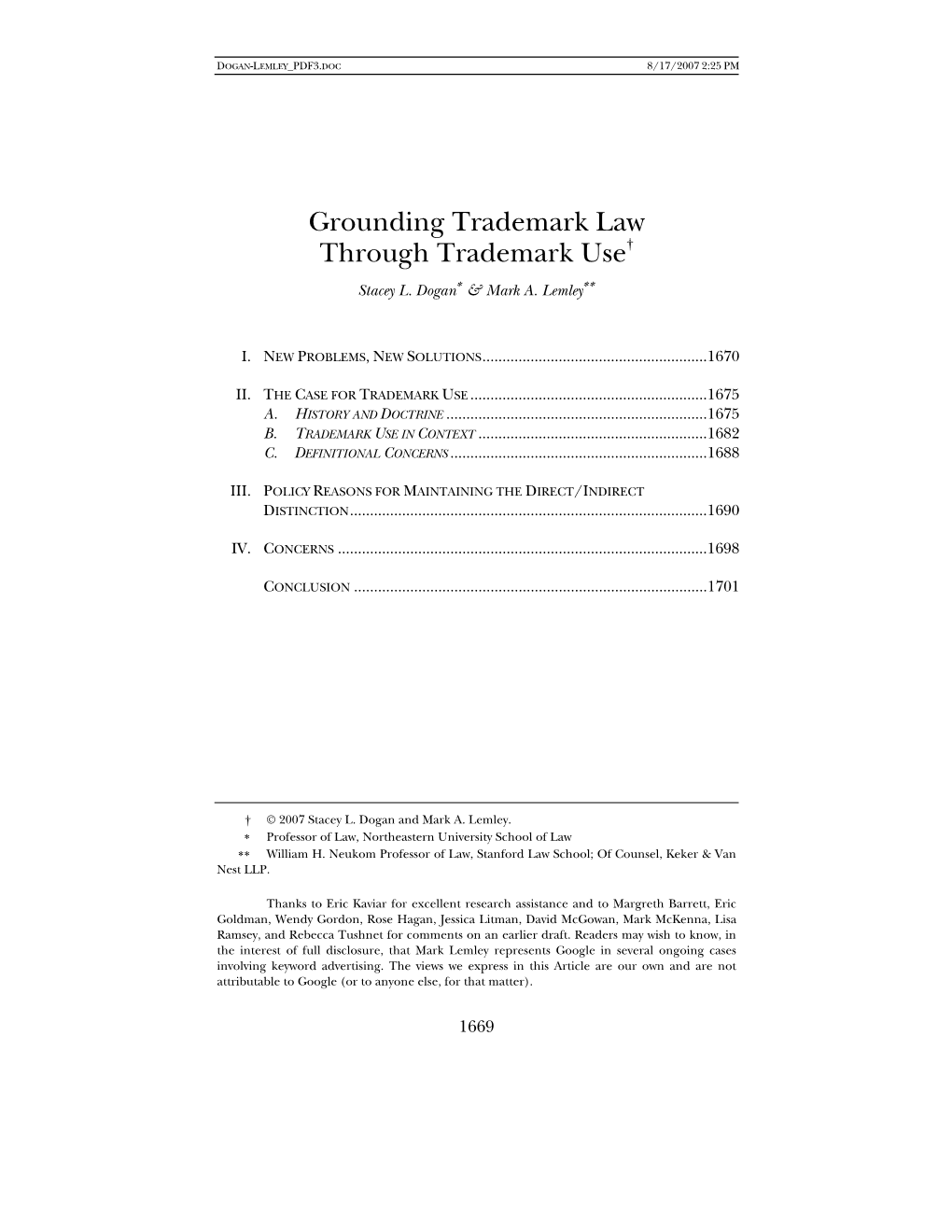 Grounding Trademark Law Through Trademark Use† Stacey L