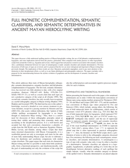 Full Phonetic Complementation, Semantic Classifiers, and Semantic Determinatives in Ancient Mayan Hieroglyphic Writing