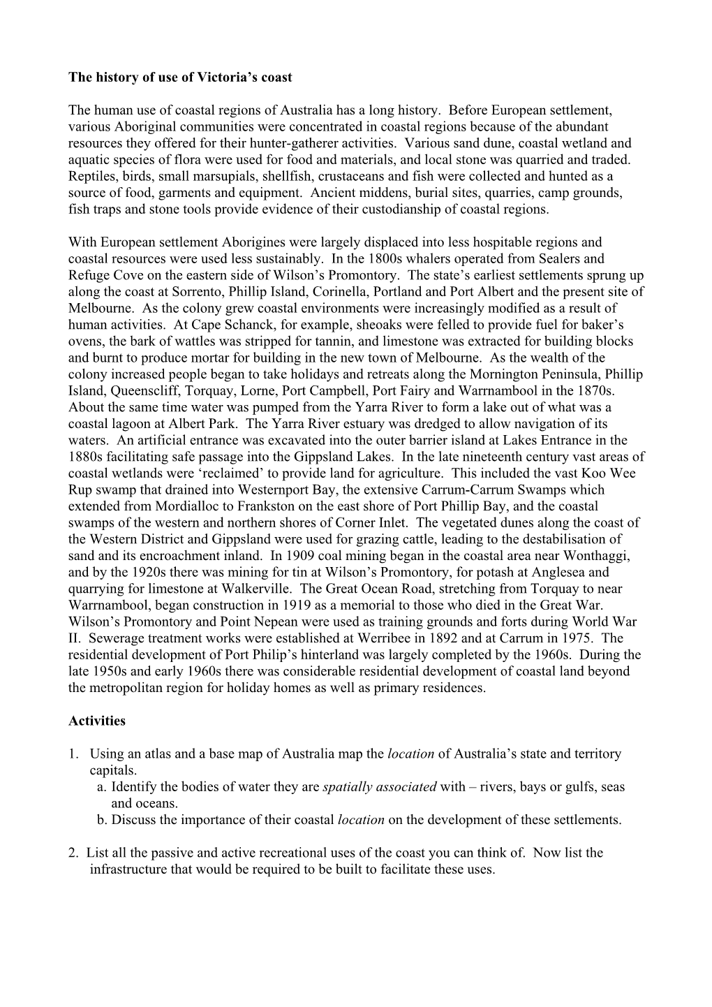 The History of Use of Victoria's Coast the Human Use of Coastal Regions