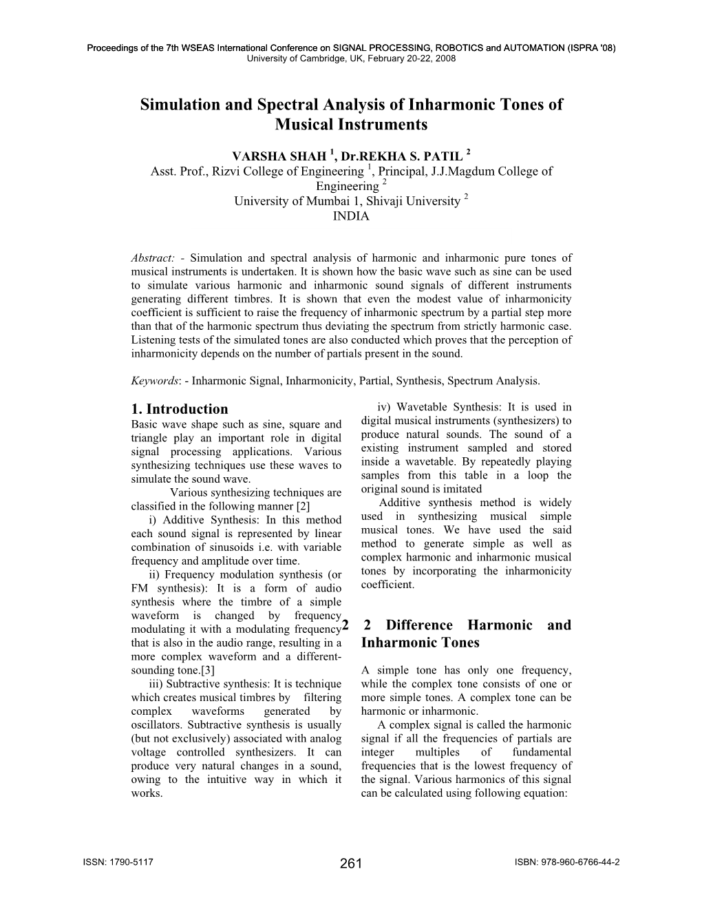 Simulation and Spectral Analysis of Inharmonic Tones of Musical Instruments