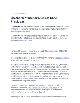 Shashank Manohar Quits As BCCI President
