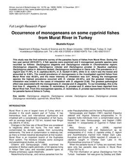 Occurrence of Monogeneans on Some Cyprinid Fishes from Murat River in Turkey