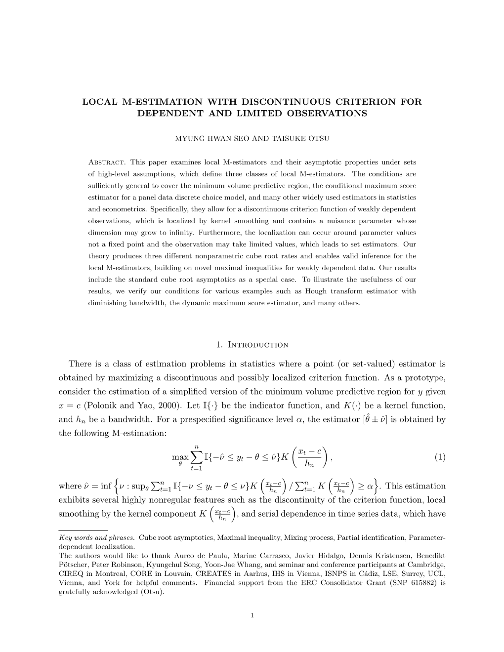 Local M-Estimation with Discontinuous Criterion for Dependent and Limited Observations