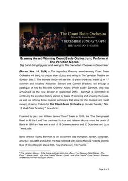 Grammy Award-Winning Count Basie Orchestra to Perform at the Venetian Macao Big Band Bringing Jazz and Swing to the Venetian Theatre in December