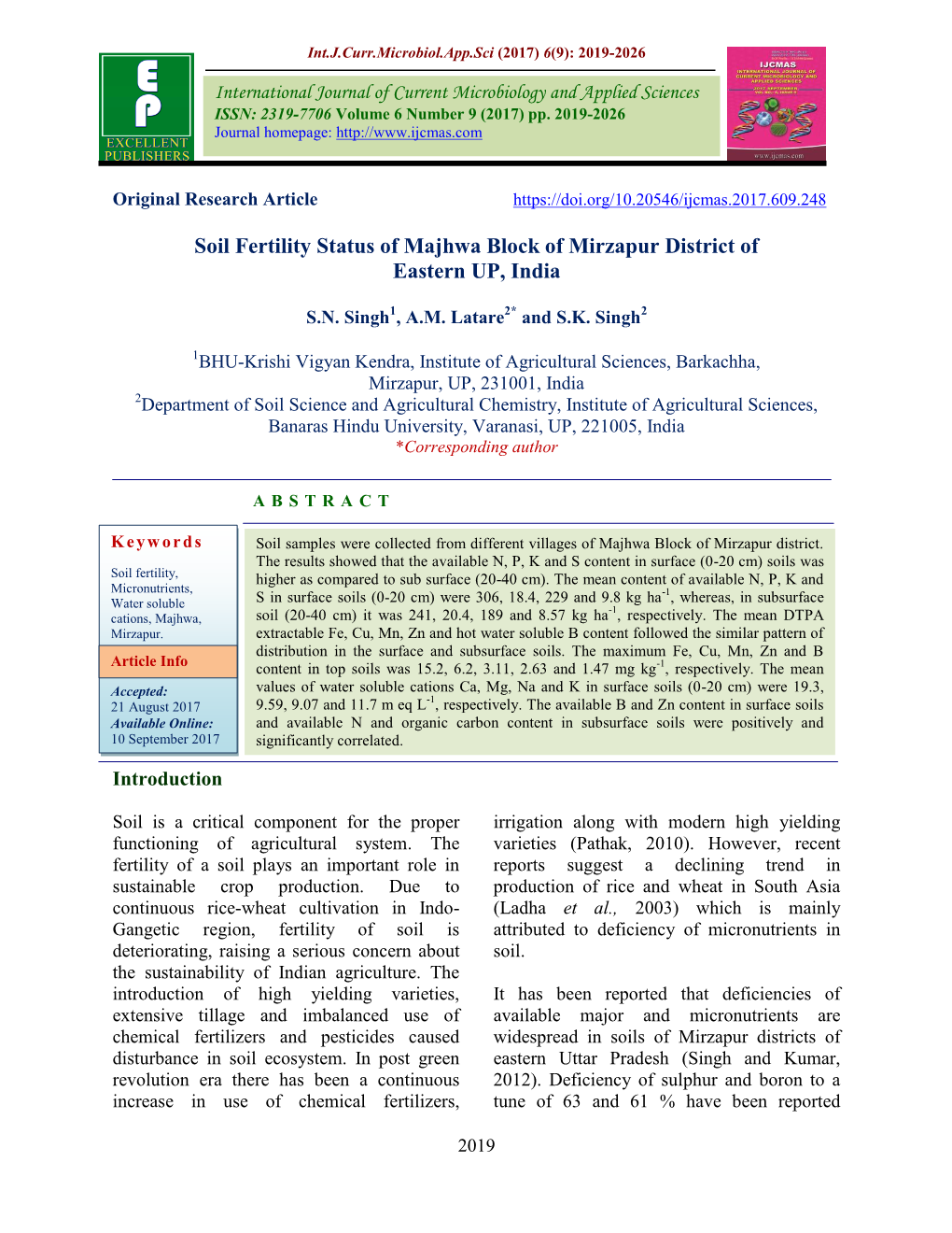 Soil Fertility Status of Majhwa Block of Mirzapur District of Eastern UP, India