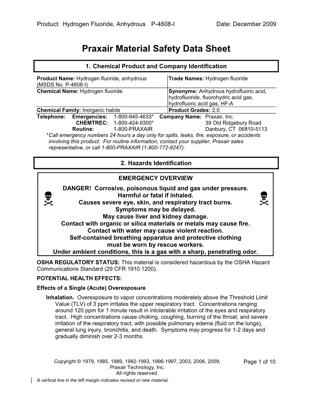 Hydrogen Fluoride HF Safety Data Sheet SDS P4608