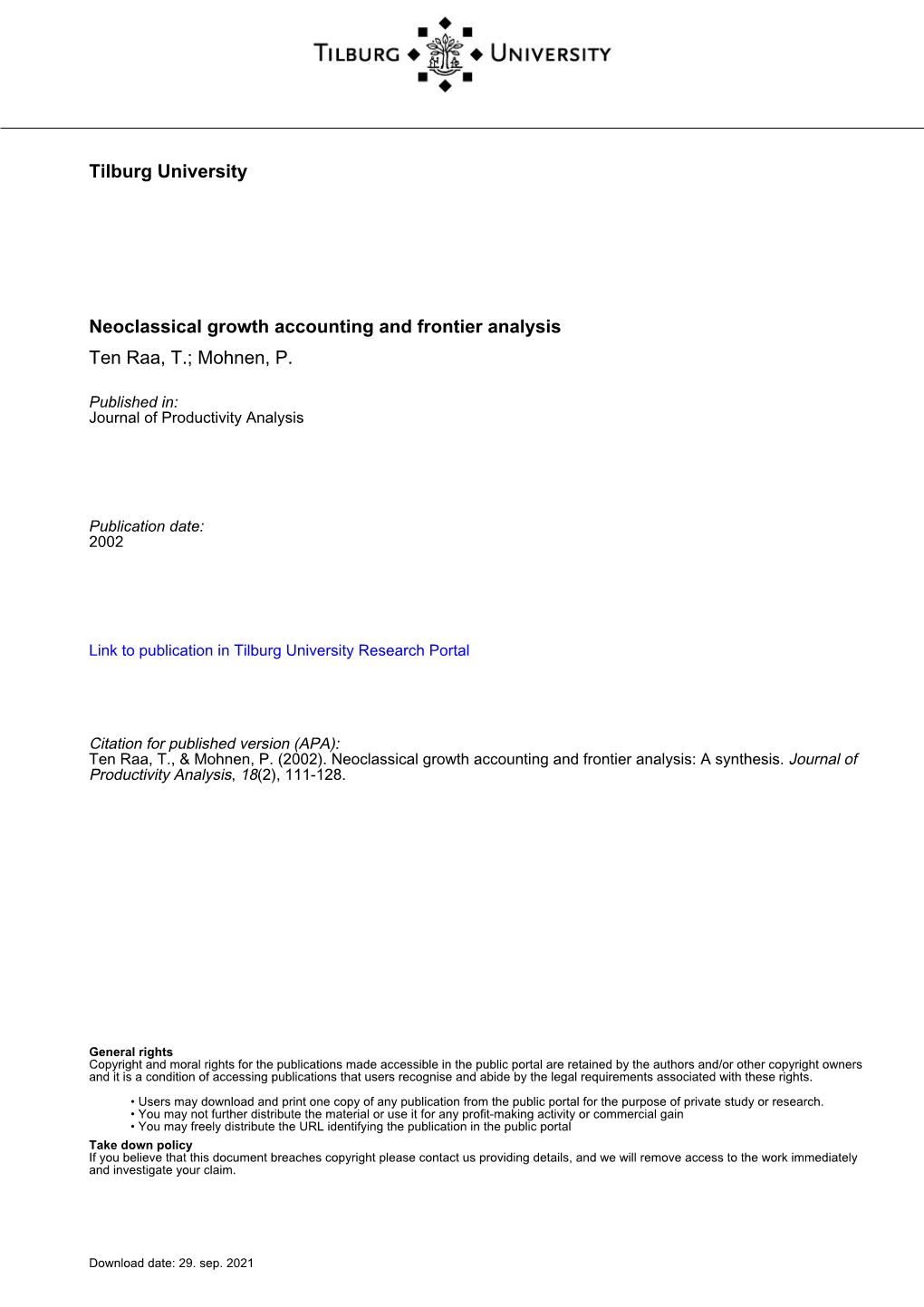 Tilburg University Neoclassical Growth Accounting and Frontier Analysis