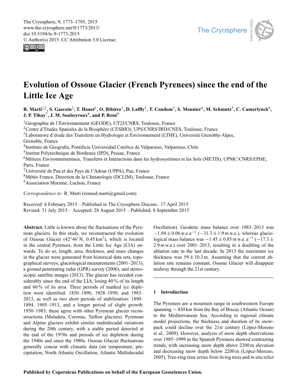 Evolution of Ossoue Glacier (French Pyrenees) Since the End of the Little Ice Age