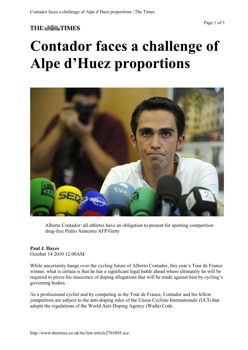 Contador Faces a Challenge of Alpe D'huez Proportions