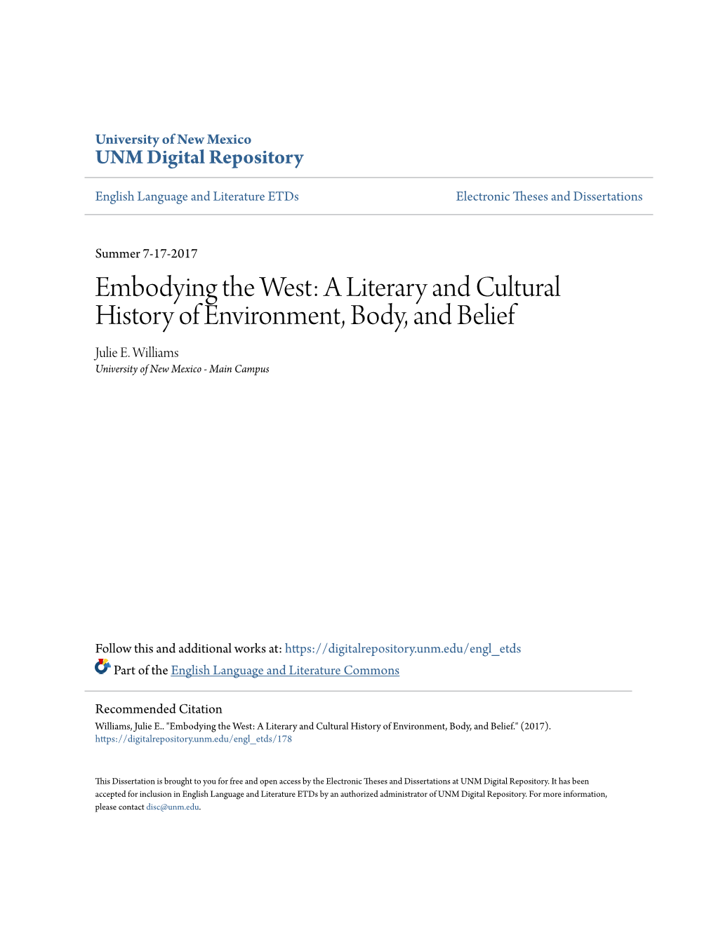 A Literary and Cultural History of Environment, Body, and Belief Julie E