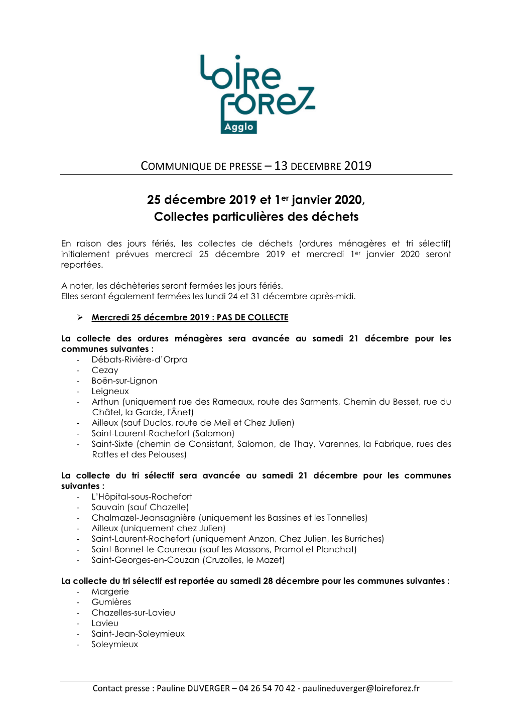 25 Décembre 2019 Et 1Er Janvier 2020, Collectes Particulières Des Déchets