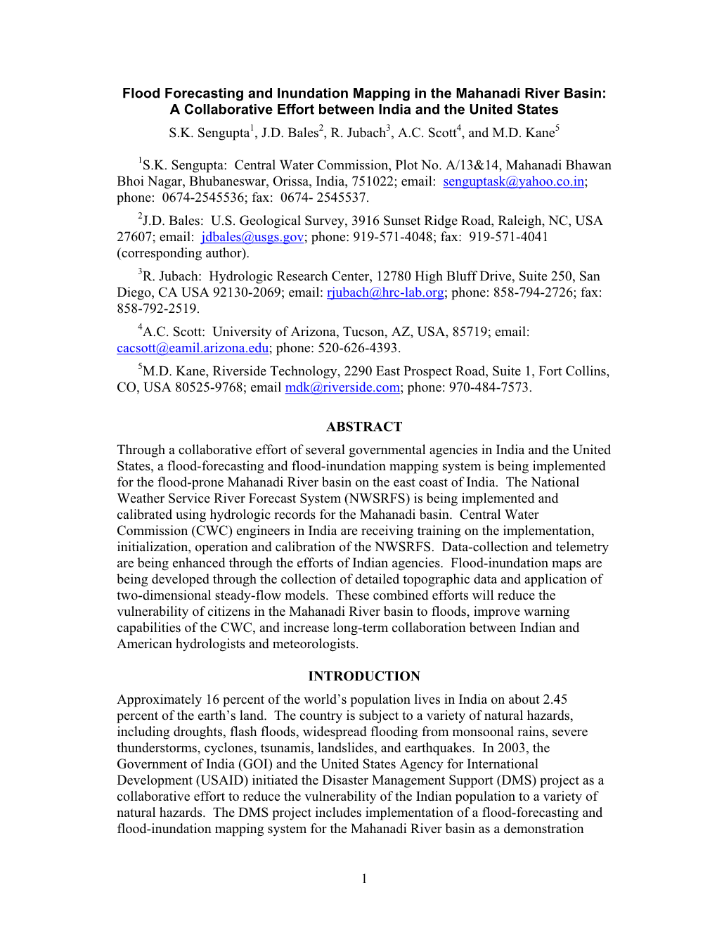 Flood Forecasting and Inundation Mapping in the Mahanadi River Basin: a Collaborative Effort Between India and the United States S.K