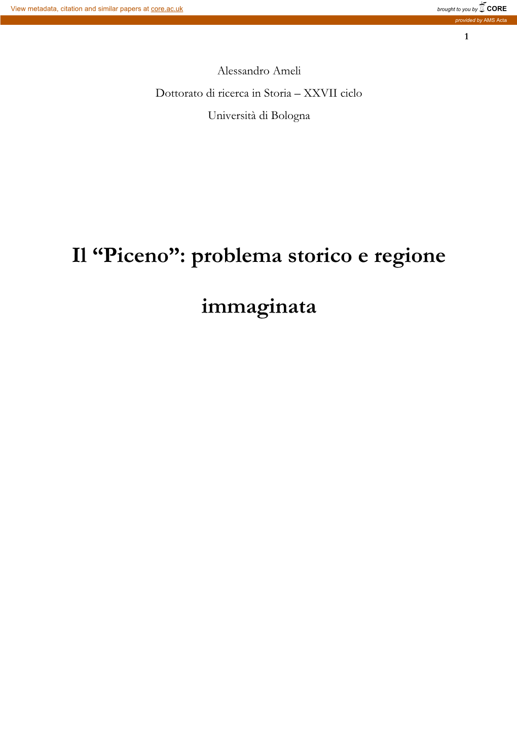 Il “Piceno”: Problema Storico E Regione