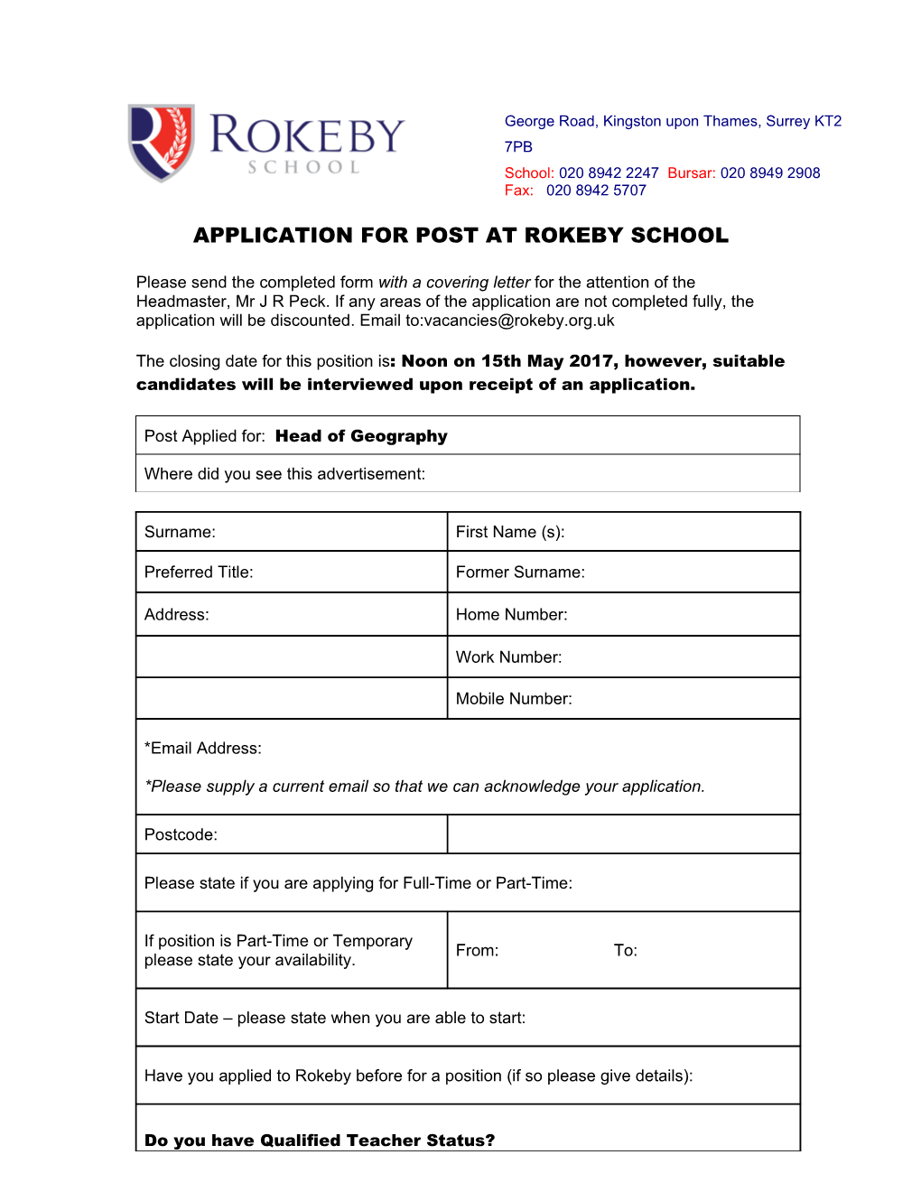 Application for Post at Rokeby School