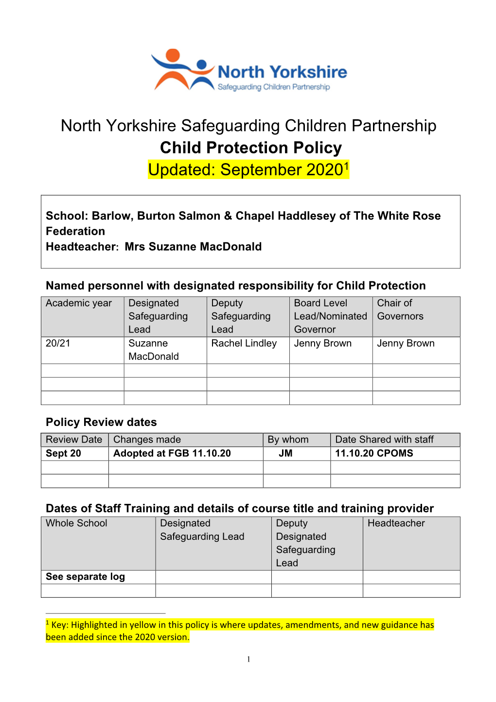 North Yorkshire Safeguarding Children Partnership Child Protection Policy Updated: September 20201