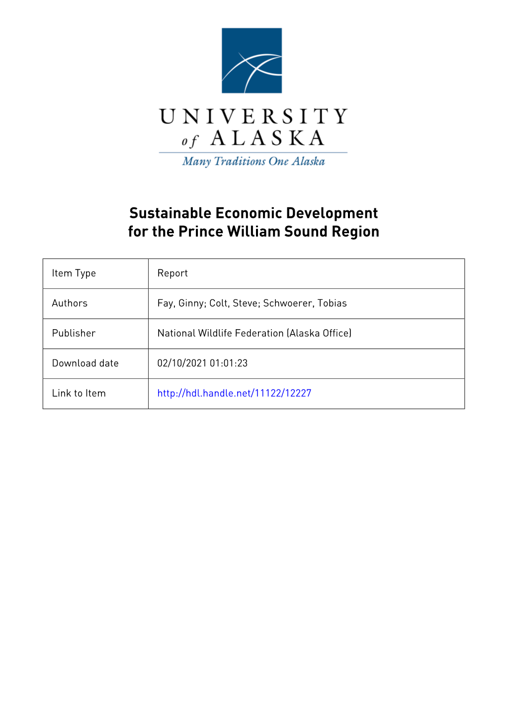 Sustainable Economic Development for the Prince William Sound Region