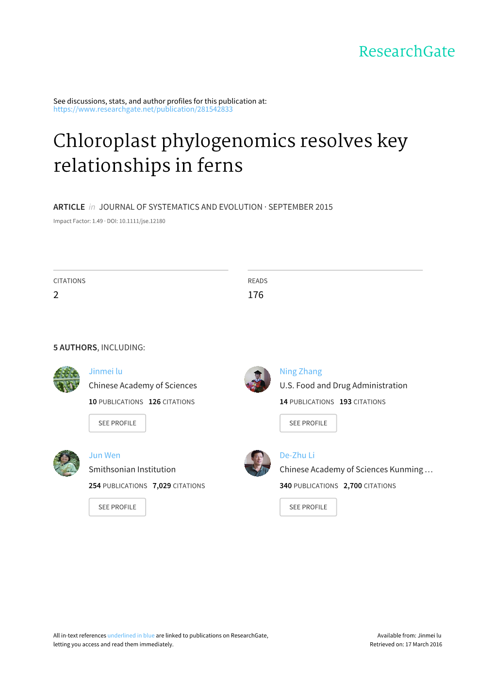 Chloroplast Phylogenomics Resolves Key Relationships in Ferns