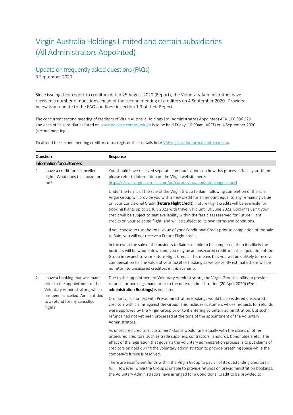 Virgin Australia Holdings Limited and Certain Subsidiaries (All Administrators Appointed)