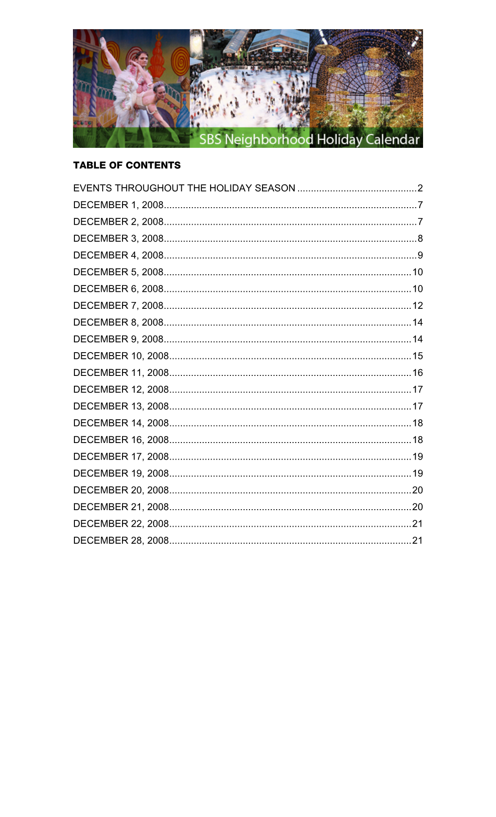 Table of Contents Events Throughout the Holiday