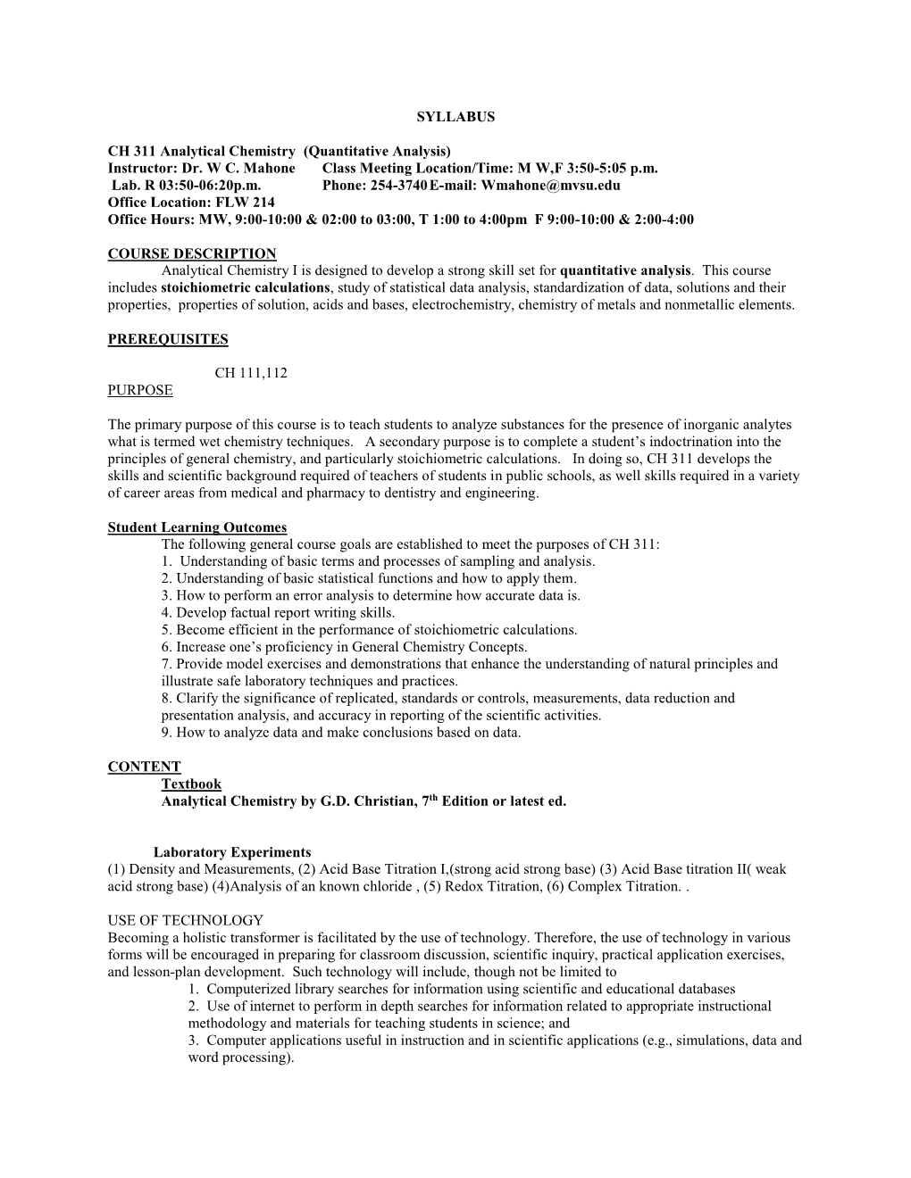 SYLLABUS CH 311 Analytical Chemistry (Quantitative Analysis