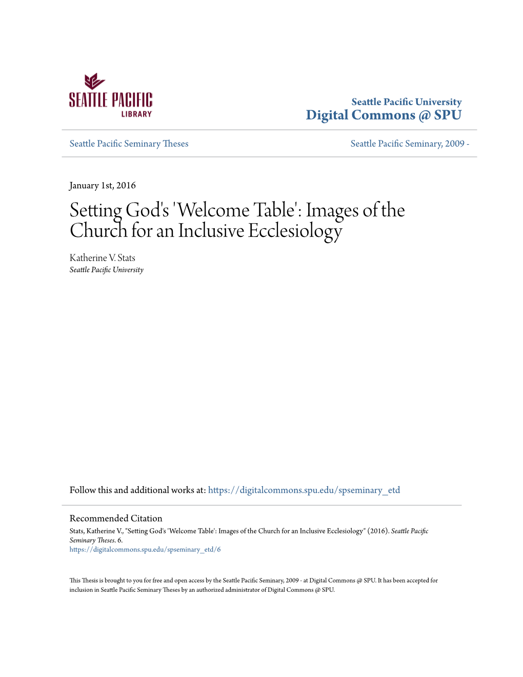 Setting God's 'Welcome Table': Images of the Church for an Inclusive Ecclesiology Katherine V